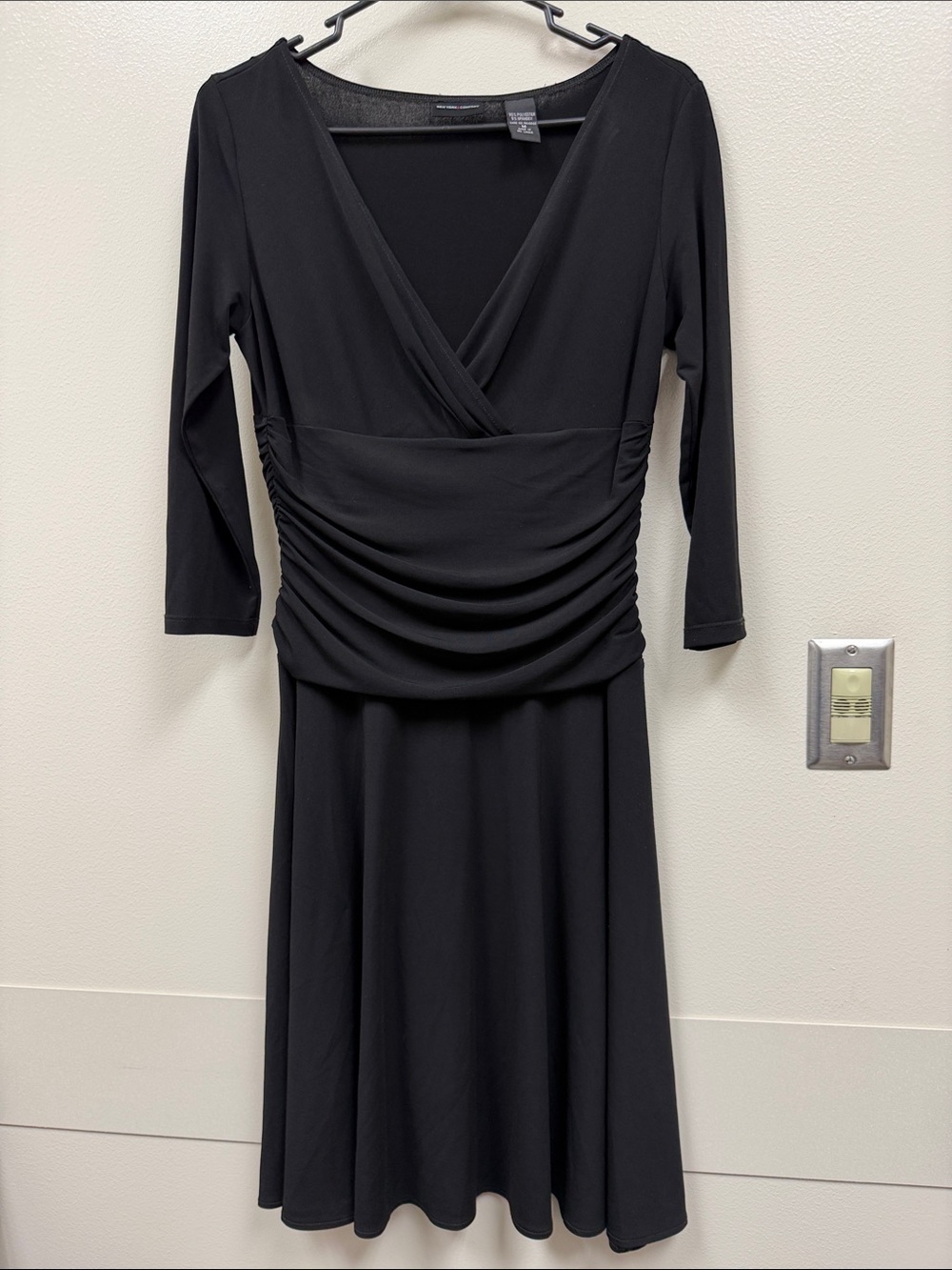 New York & Company Black Ruched Faux-Wrap Midi Dress